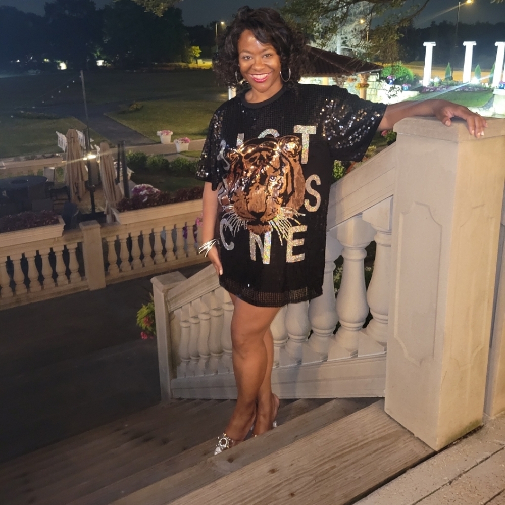 Fashion Nova Black and Gold Tiger Sequin Mini Dress